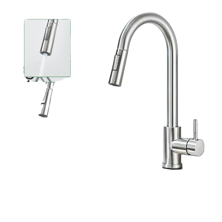 Csaptelep, kihúzható zuhanyfejjel, egykaros vezérlés, szálcsiszolt nikkel, mosogatóra szerelhető