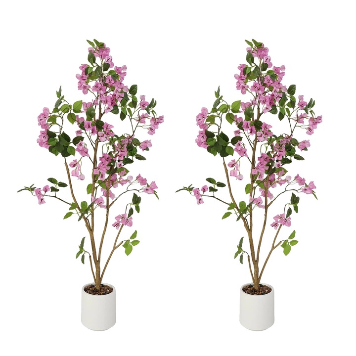 Copac artificial Bougainvillea, design realist, decorare interioara, roz, set de 2 piese, in ghiveci decorativ
