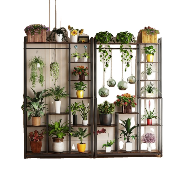 Suport pentru plante, 7 etaje, bara suspendata, negru, 98x23.8x180cm