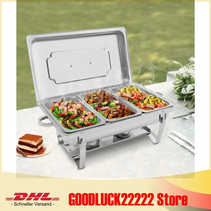 Set chafing dish, otel inoxidabil, 3 compartimente 2, 5 l, argintiu