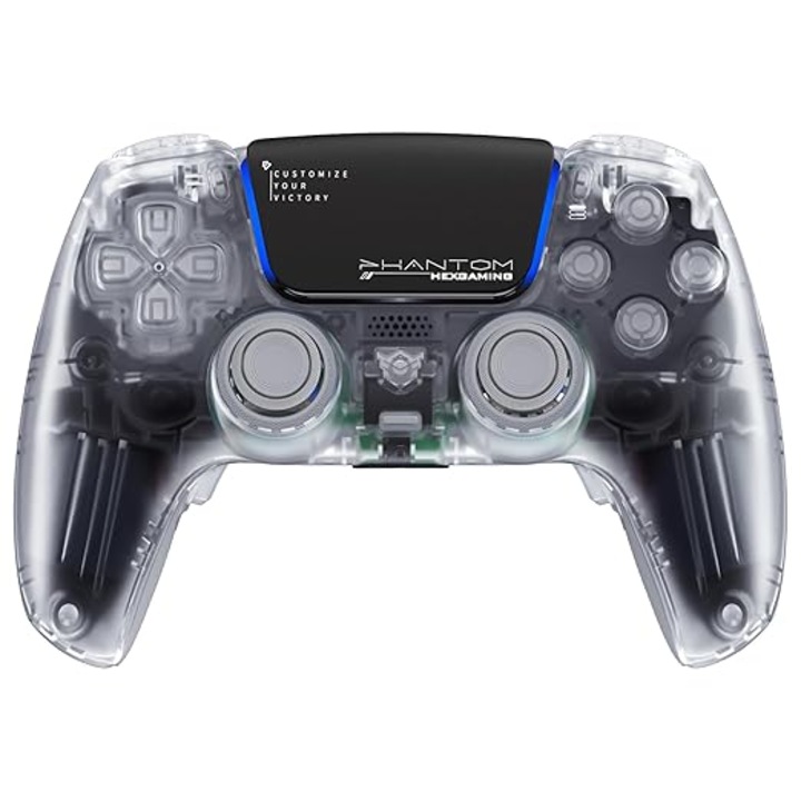 Controller HEXGAMING Phantom Pro Wireless Transparent, 4 paddles remapabile, 8 joystick-uri interschimbabile, pentru PlayStation 5
