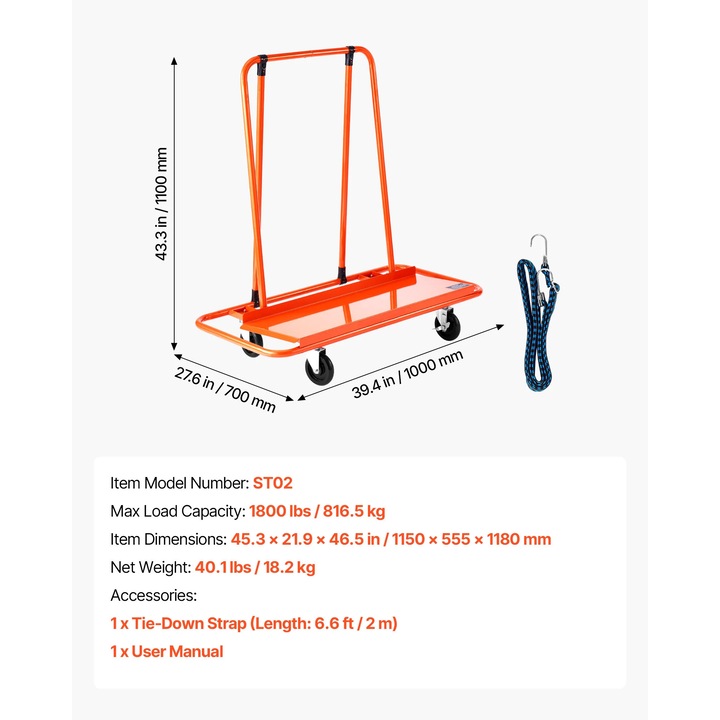 Carucior pentru transport, 1800 lbs capacitate, design stabil, 45.3x21.9in, roti universale de 5 in