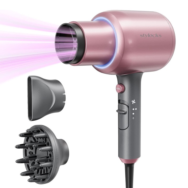 Сешоар Stylocks #8832357, Йонизатор, 2200 W, 3 температурни настройки, 2 скорости на въздуха, с дифузер и концентратор, Розов/Сив, Еко Пак