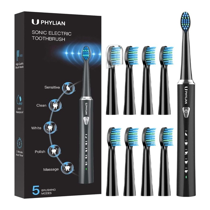 Електрическа четка за зъби Phylian Sonic HH06007 9201588, Звукова, Таймер, 5 режима, 8 накрайника, Черен