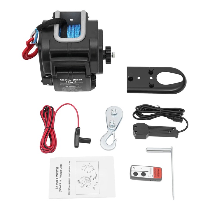 Troliu electric, 6500 lbs, control prin cablu sau telecomanda, negru