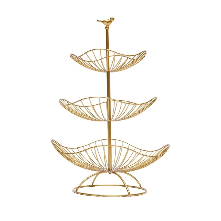 Suport pentru fructe, 3 niveluri, constructie metalica, aurie, 47cm