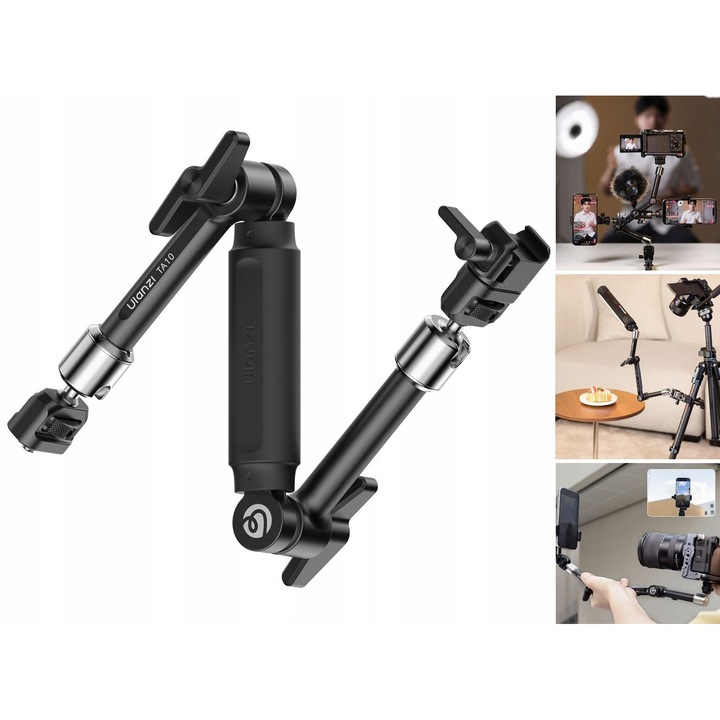 Szerelőkar, Ulanzi, TA10, 43 cm, akár 4,5 kg, 3 szekció, 360°-os beállítás, 1/4'' – NATO adapter, szilikon markolat, fém, teljesen fém szerkezet, vízszintes terhelhetőség akár 2 kg, terhelhetőség akár 4,5 kg