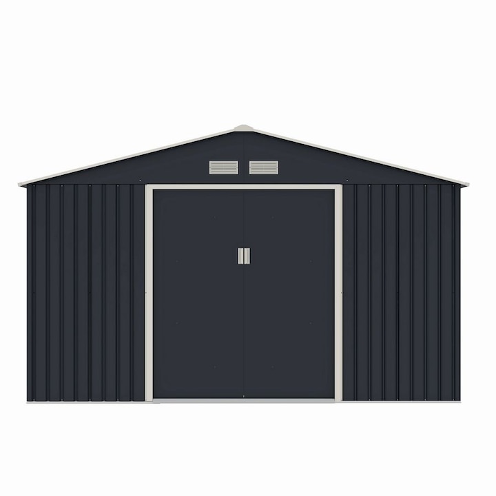 Casuta / magazie de gradina metalica MESTERINO Archer-D-2, gri/bej, 341x195x211 cm, cu usi culisante, baza metalica CADOU