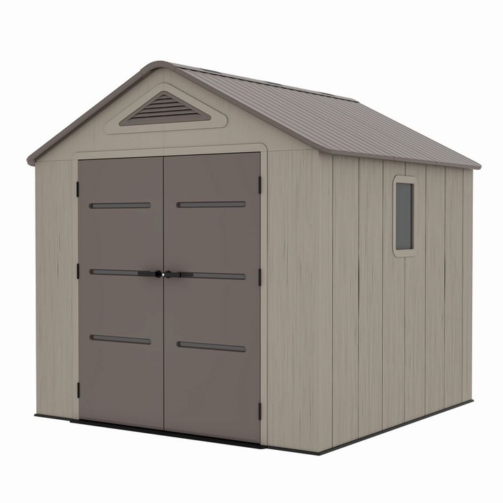 Casuta de gradina MESTERINO Plato-B, maro si gri antracit, 250x246x242 cm, cu podea din plastic HDPE, cinci carlige si doua polite
