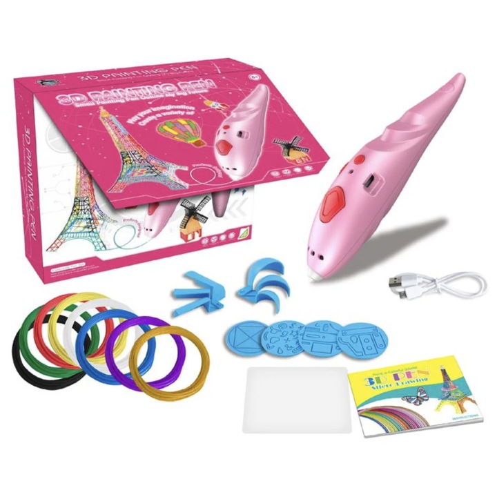 3D писалка с 8 нишки и USB зарядно устройство, розова