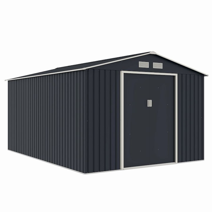 Casuta / magazie de gradina metalica MESTERINO Archer-E, gri/bej, 277x322x203 cm, cu usi culisante, baza metalica CADOU