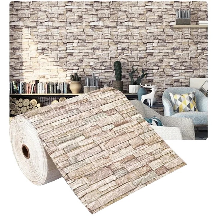 Декоративен стикер, 70смx10м, водоустойчив, самозалепващ, 3D дизайн, модел тухла