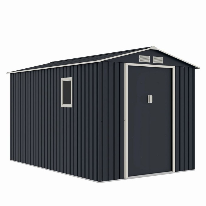 Casuta / magazie de gradina metalica MESTERINO Archer-Plus-C-3, gri/bej, 213x322x205 cm, cu usi culisante, baza metalica CADOU