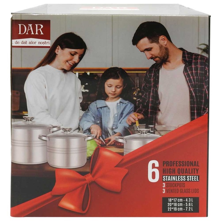 Set oale inox 6PCS cu capac sticla, 4.3L, 5.6L, 7.2L