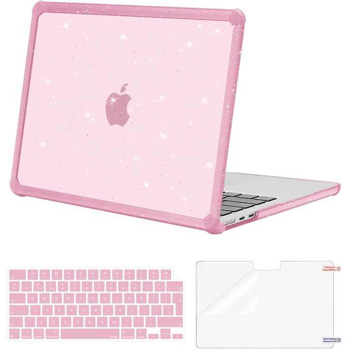 Carcasa Mosiso pentru MacBook Air 13, roz, design anti-zgârieturi, bumper TPU, include folie de protecție