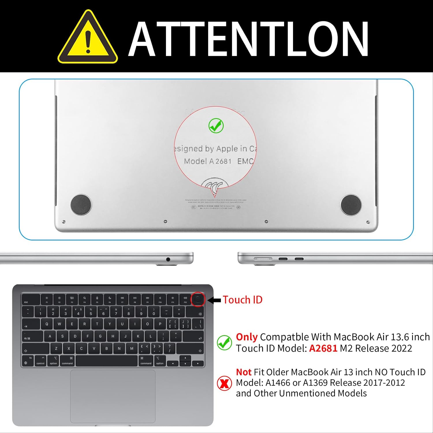 Carcasa TeDaWen pentru MacBook Air 13.6", protectie completa, design in doua parti, transparent, set complet
