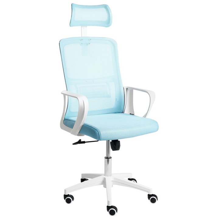 Scaun de birou Beliani Monarch, albastru deschis, ergonomic, cu tetiera, rotire 360, 46x62x110-120cm