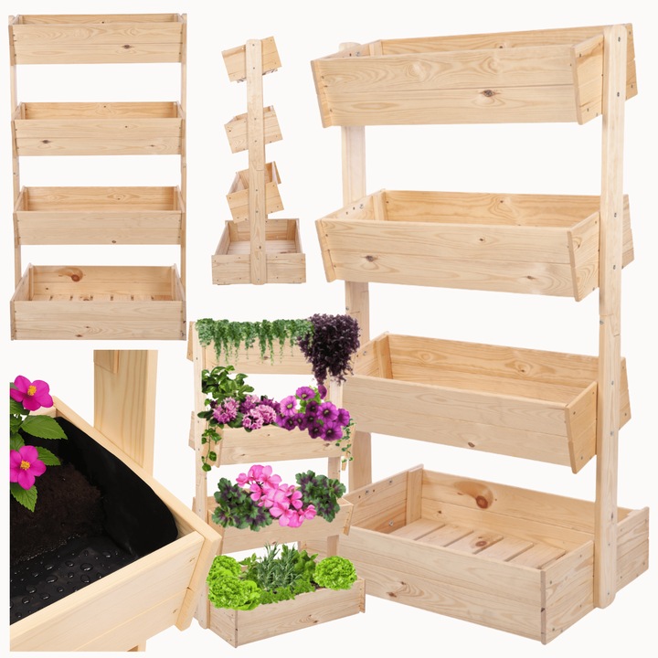 Ghiveci vertical din lemn MODO24, 146 cm, 4 polite, impregnare transparenta, bej