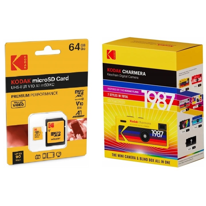 Ключодържател с мини цифров фотоапарат Kodak Charmera, комплект Blind Box 1987 + microSD карта 64GB, многоцветен