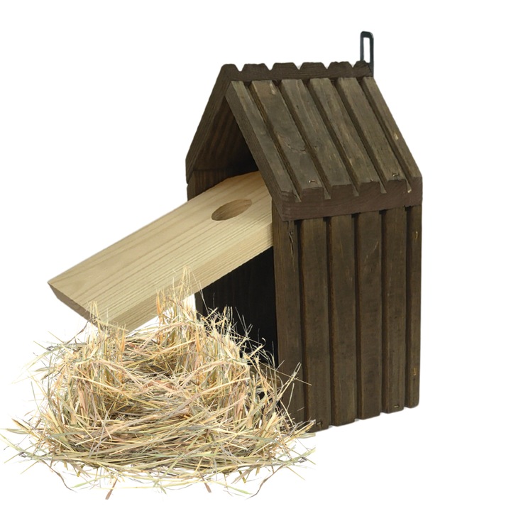 Casuta pentru pasari MODO24, din lemn, impermeabila, culoare maro, dimensiuni 2,8x2,8cm