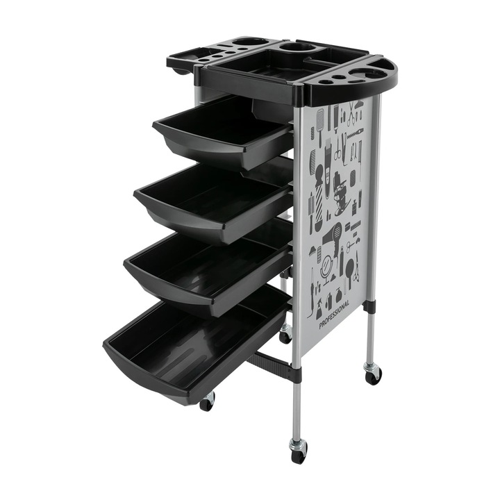 Carucior pentru salon, Carucior frizerie coafor, 5 niveluri, 4 sertare, otel inoxidabil, roti silentioase, asamblare necesara