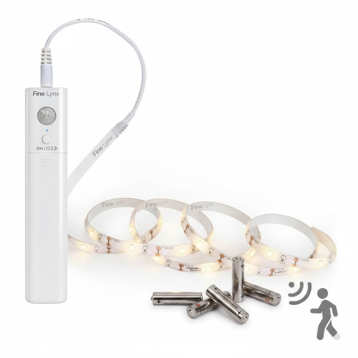 Kit Banda LED FineLynx™ Natural Light cu Senzor de Miscare, Lungime 100 cm, Lumina Neutra, Auto-adeziva, 4000K, 140 lumeni, Pentru Mobila Dressing, Bucatarie sau Dormitor, 4 baterii AA incluse, Alb