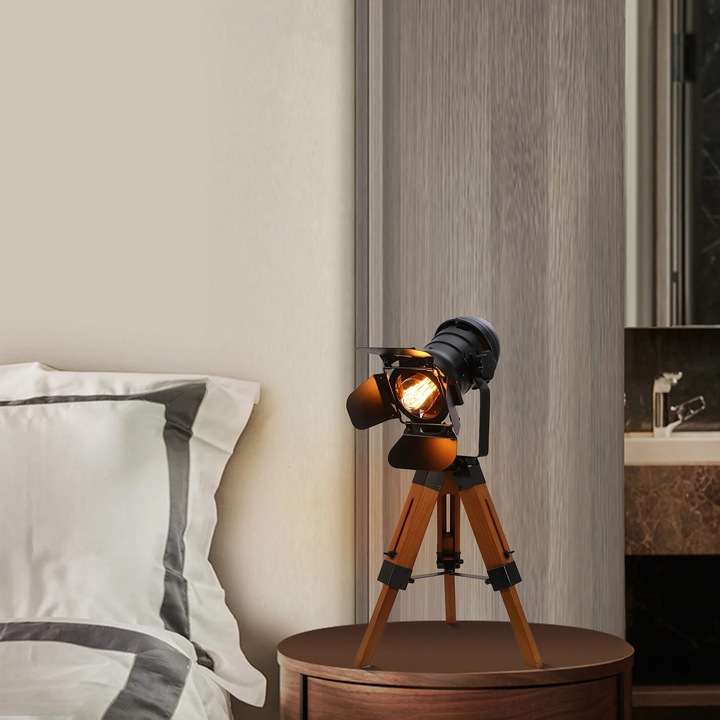 Лампа, винтидж дизайн с триножник, регулируема височина, черна, 32см x 65см