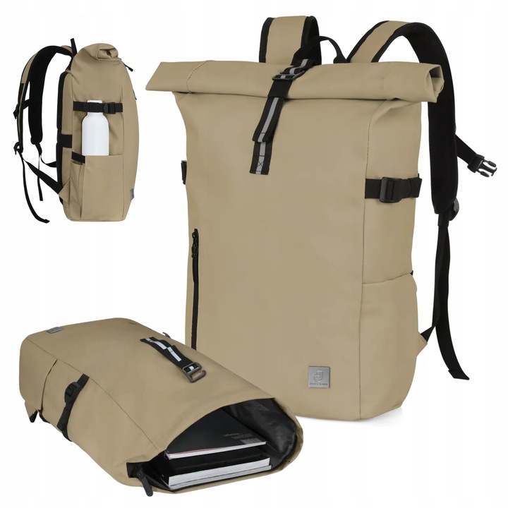 Rucsac Rolltop Pentru Laptop, James Hawk, Daily Carry, 14 Inch, Taupe, 44/62x30x15 cm, Impermeabil, Scoala, Turistic, Munca, Compartimentat, Usor, Rezistent, Design Minimalist, Protectie Accesorii, Ergonomic, Calatorie Avion, Stil Casual Si Modern