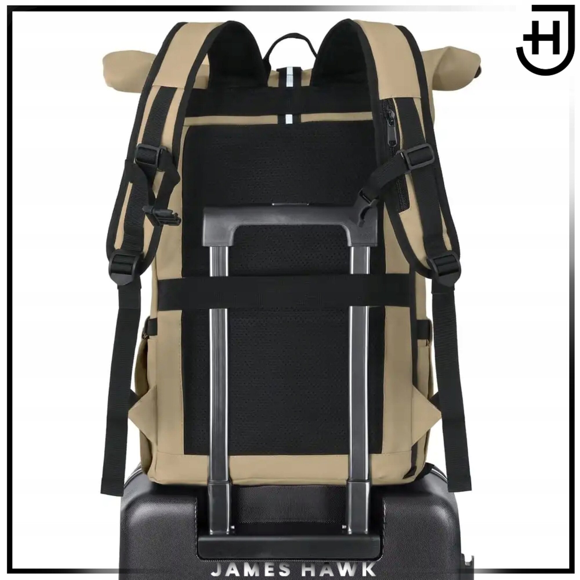 Rucsac Rolltop Pentru Laptop, James Hawk, Daily Carry, 14 Inch, Taupe, 44/62x30x15 cm, Impermeabil, Scoala, Turistic, Munca, Compartimentat, Usor, Rezistent, Design Minimalist, Protectie Accesorii, Ergonomic, Calatorie Avion, Stil Casual Si Modern