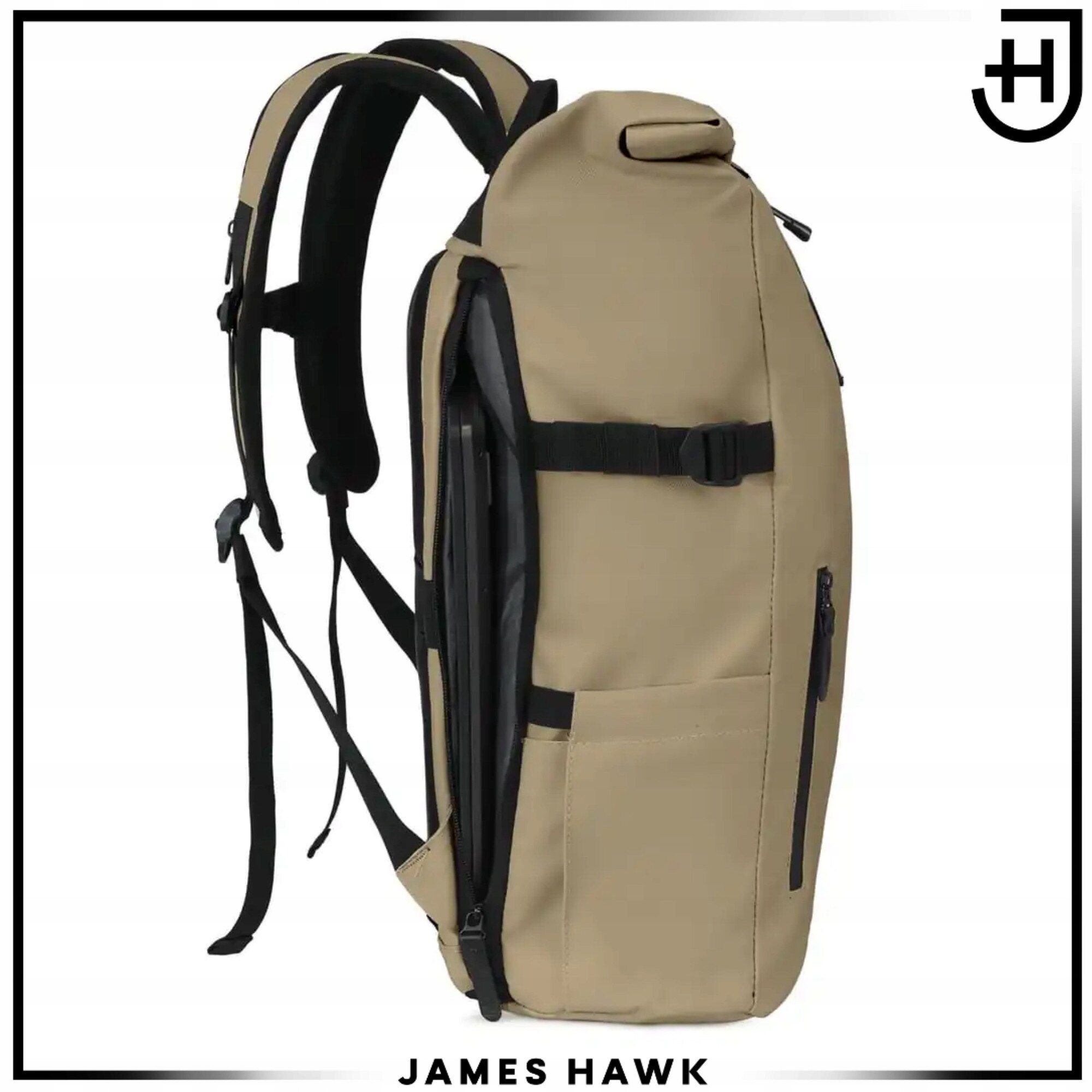 Rucsac Rolltop Pentru Laptop, James Hawk, Daily Carry, 14 Inch, Taupe, 44/62x30x15 cm, Impermeabil, Scoala, Turistic, Munca, Compartimentat, Usor, Rezistent, Design Minimalist, Protectie Accesorii, Ergonomic, Calatorie Avion, Stil Casual Si Modern