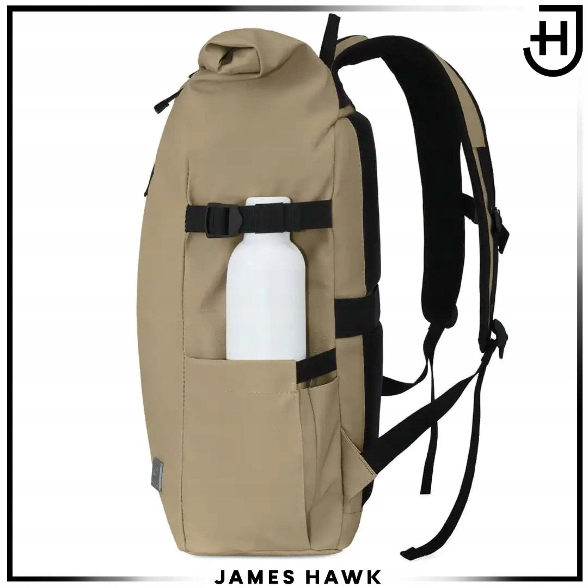 Rucsac Rolltop Pentru Laptop, James Hawk, Daily Carry, 14 Inch, Taupe, 44/62x30x15 cm, Impermeabil, Scoala, Turistic, Munca, Compartimentat, Usor, Rezistent, Design Minimalist, Protectie Accesorii, Ergonomic, Calatorie Avion, Stil Casual Si Modern