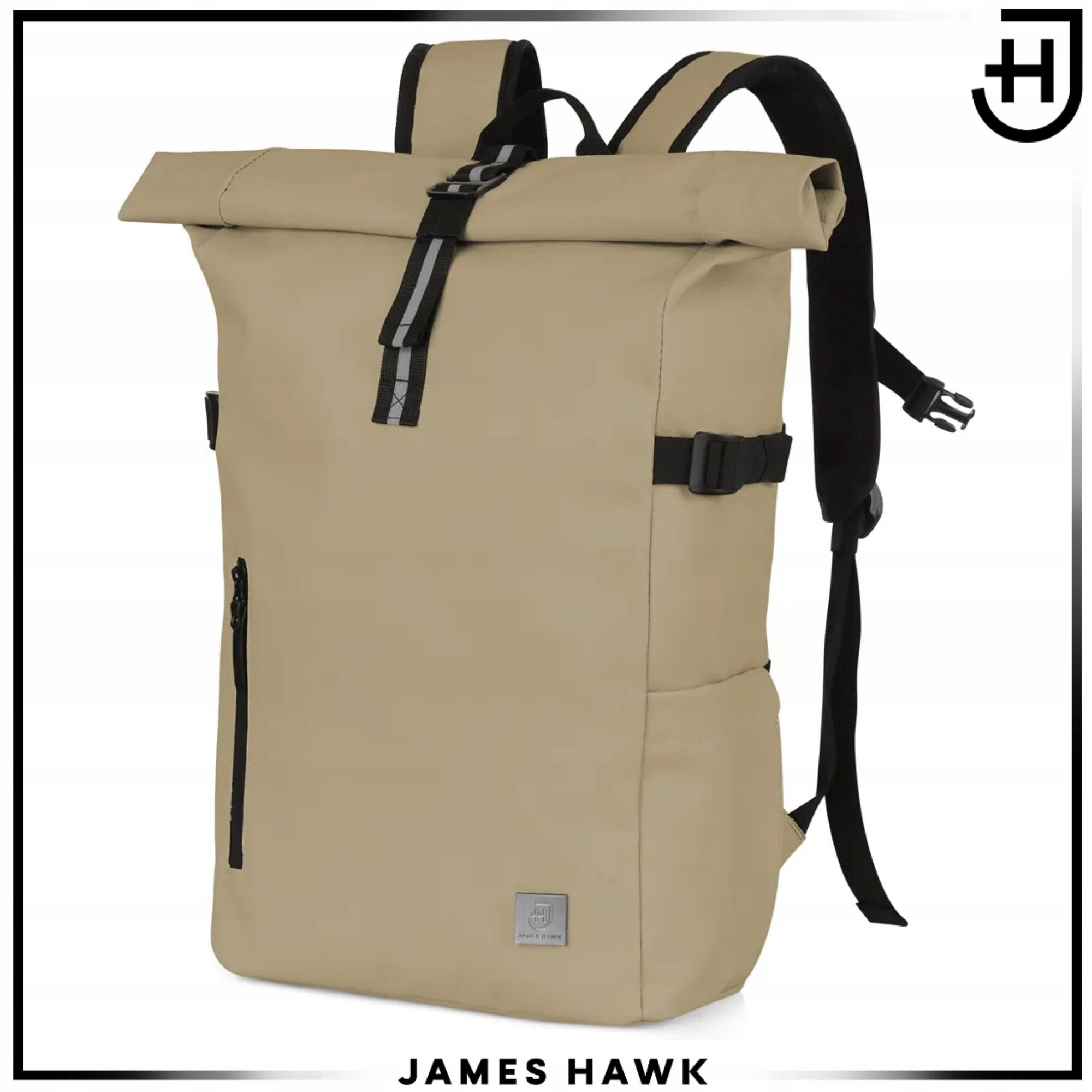 Rucsac Rolltop Pentru Laptop, James Hawk, Daily Carry, 14 Inch, Taupe, 44/62x30x15 cm, Impermeabil, Scoala, Turistic, Munca, Compartimentat, Usor, Rezistent, Design Minimalist, Protectie Accesorii, Ergonomic, Calatorie Avion, Stil Casual Si Modern