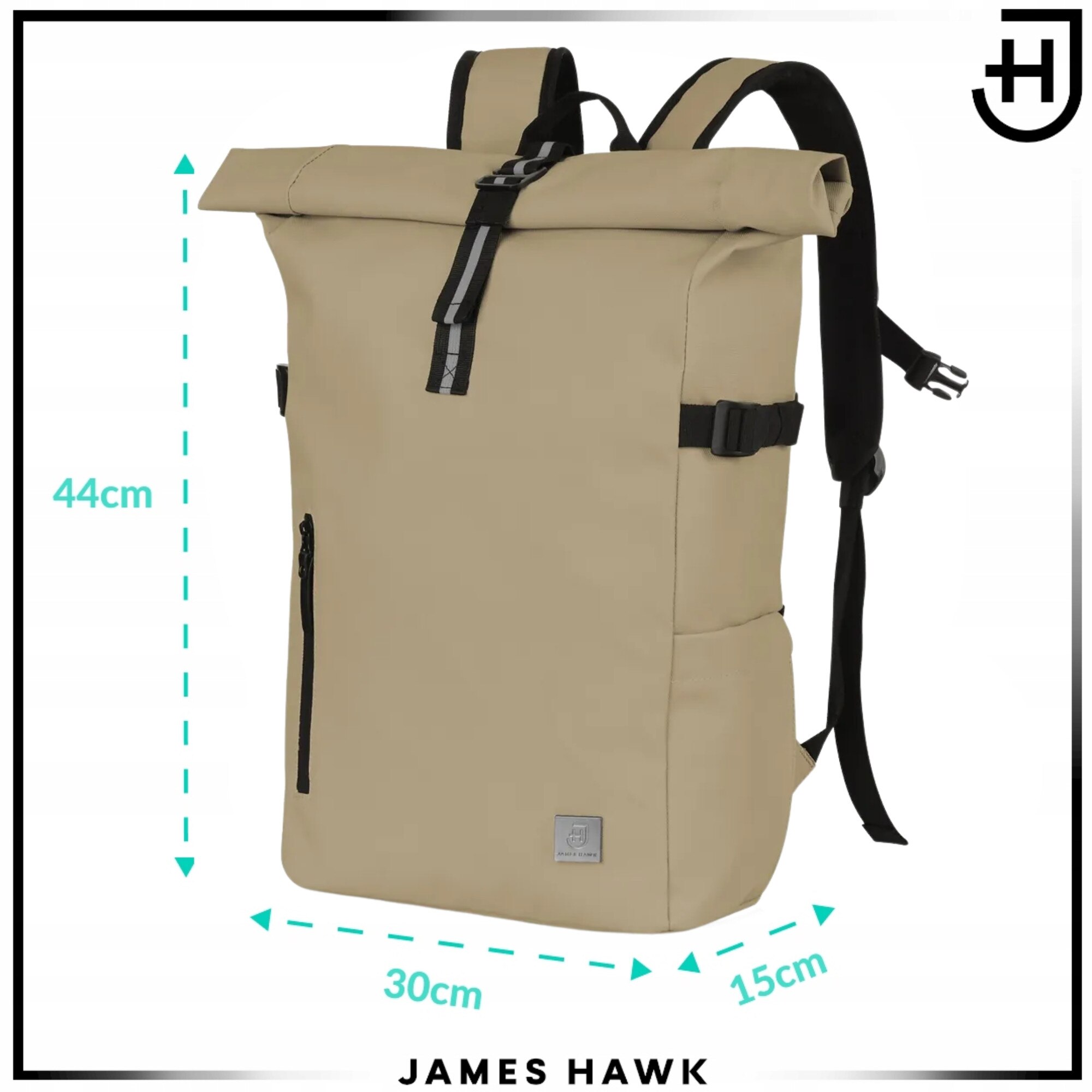 Rucsac Rolltop Pentru Laptop, James Hawk, Daily Carry, 14 Inch, Taupe, 44/62x30x15 cm, Impermeabil, Scoala, Turistic, Munca, Compartimentat, Usor, Rezistent, Design Minimalist, Protectie Accesorii, Ergonomic, Calatorie Avion, Stil Casual Si Modern
