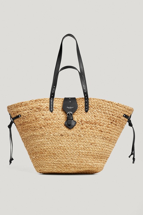 Pepe Jeans London, Geanta cu bareta de umar si garnituri din material sintetic Jute, Negru, Galben pai