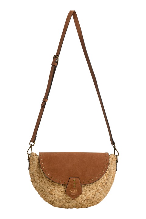 Pepe Jeans London, Nyersbőr fedőlapos jutatáska keresztpánttal, Barna, Szalmasárga