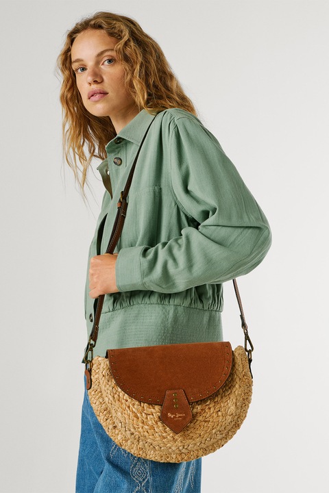 Pepe Jeans London, Geanta crossbody cu clapa din piele intoarsa Jute, Maro, Galben pai