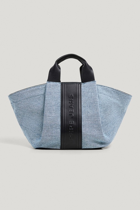 Pepe Jeans London, Geanta din material textil cu bareta de umar si garnitura din material sintetic cu logo, Albastru pastel, Negru