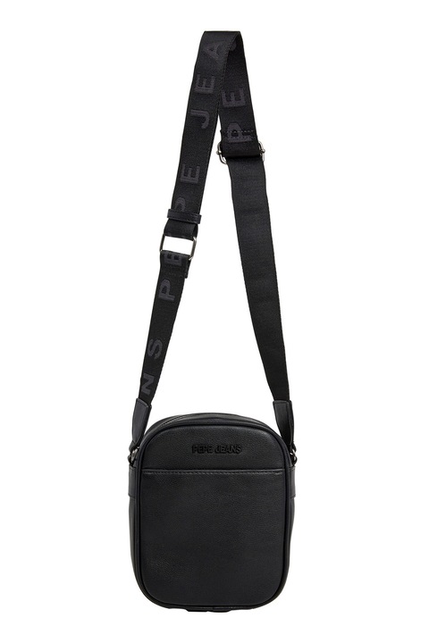 Pepe Jeans London, Műbőr táska logómintás keresztpánttal, Fekete