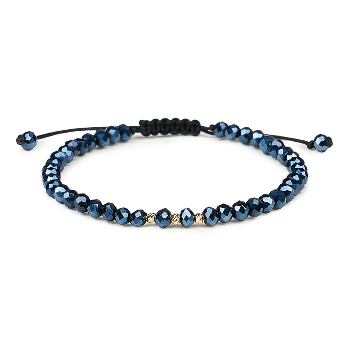 Bratara cu 3 bile Aur 14 K "585" si Cristale albastre, ajustabila