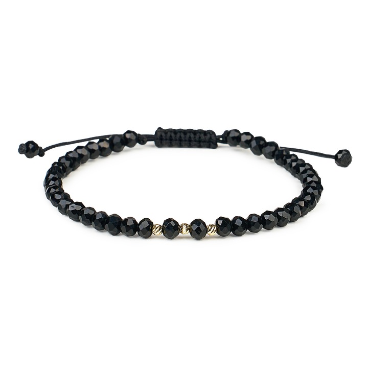 Bratara cu 3 bile Aur 14 K "585" si Cristale negre, ajustabila