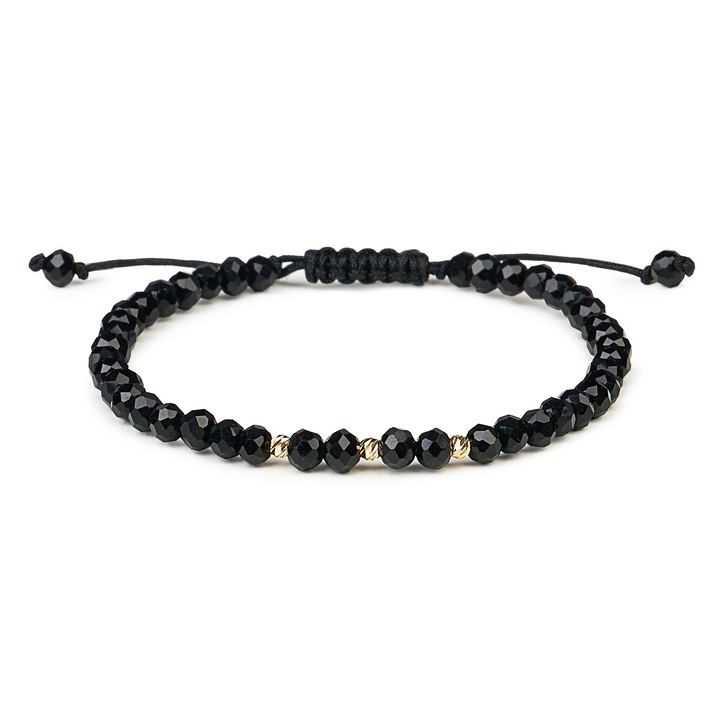 Bratara cu 3 bile Aur 14 K "585" si Cristale negre, ajustabila