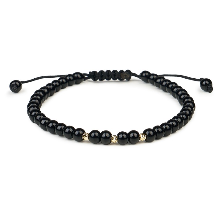 Bratara cu 3 bile Aur 14 K "585" si Onix negru, ajustabila