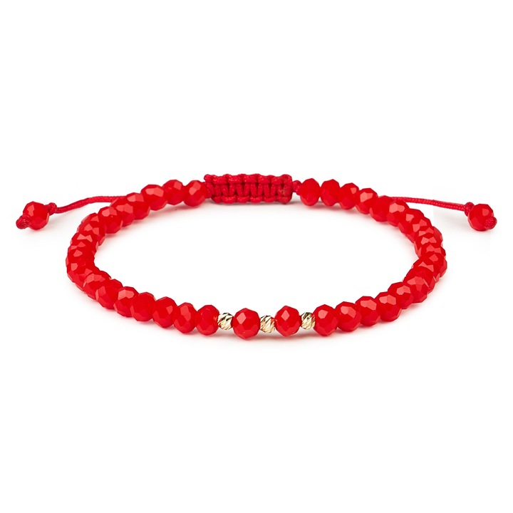 Bratara cu 3 bile Aur 14 K "585" si cristale rosii, ajustabila