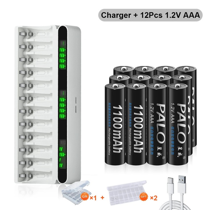 Set Incarcator si 12 Baterii Reincarcabile AAA, 1100mAh