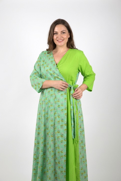 Rochie petrecuta din bumbac imprimat manual, verde, marime XL