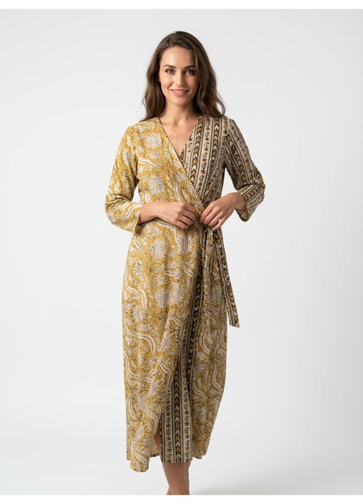 Rochie petrecuta din bumbac imprimat manual, mustar, marime L