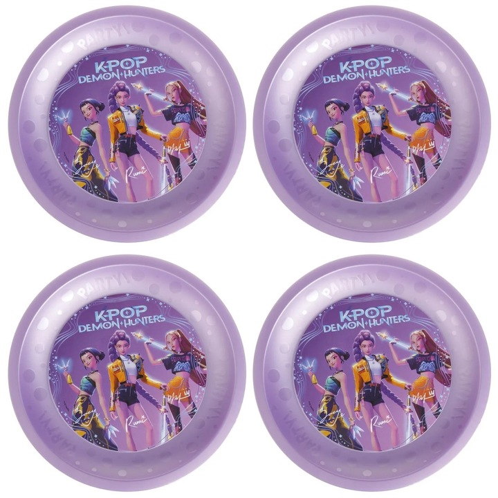 Лилави пластмасови чинии за парти с K-POP Demon Hunters мотив Ø21см - 4 броя