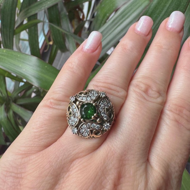 Inel de argint reglabil cu CZ verde și alb, 52-58mm