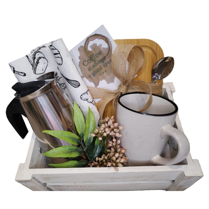 Set cadou “Rasfat cu aroma de cafea”, cafetiera, cana, prosop, lingurita, taietor bambus