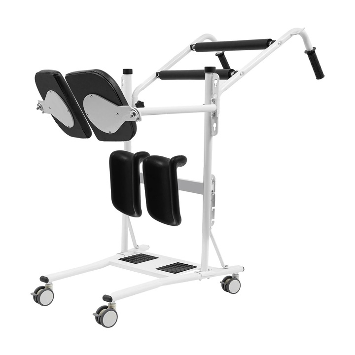Betegemelő készülék, Ülő helyzetből álló helyzetbe emelés, 4 db 360°-ban forgó kerék, Max. terhelhetőség 120 kg, Állítható ülés és térdtámasz 3 fokozatban (5 cm), Önhordó, Lila